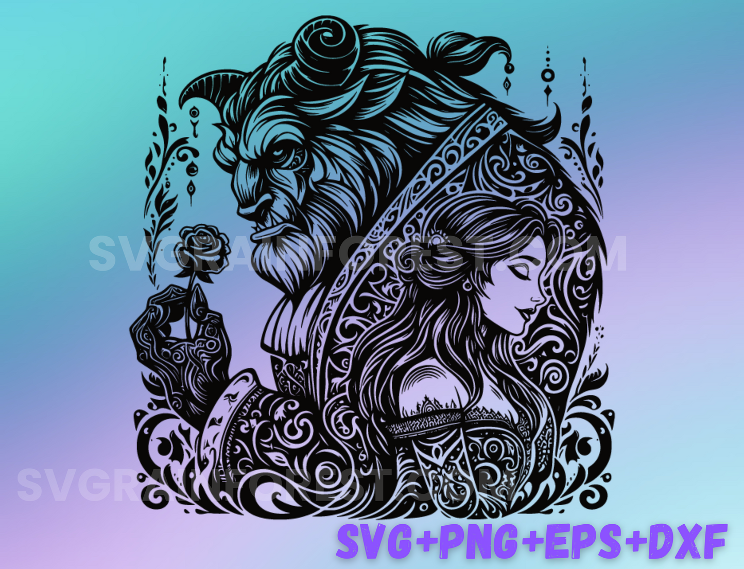 Belle Mandala Princess SVG, Beauty and the Beast Enchanted Stained Glass Princess, Silhouette Cut Files, Png, Printable, Sublimation Design