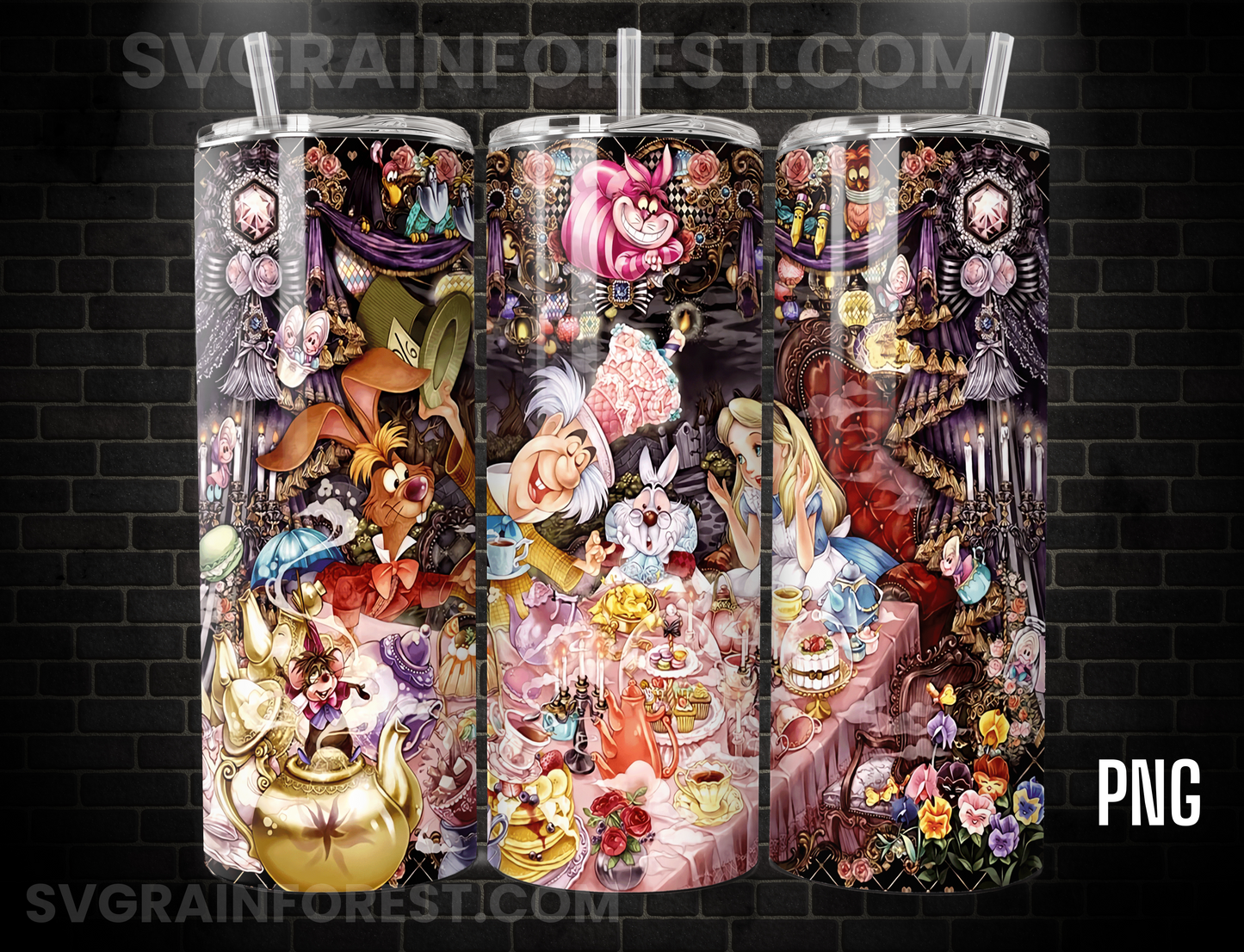 Alice in Wonderland 20oz Skinny Tumbler Template PNG, Mad Hatter Tea Party Skinny Tumbler Wrap Design PNG File Digital Download