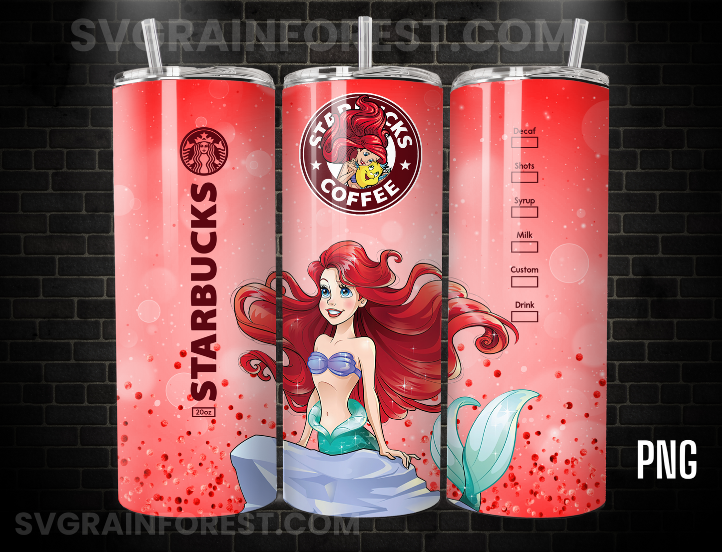 Ariel Coffee Tumbler Wrap PNG, The Little Mermaid Tumbler Wrap png, 20oz Skinny Tumbler png, Skinny Tumbler Wrap Design PNG