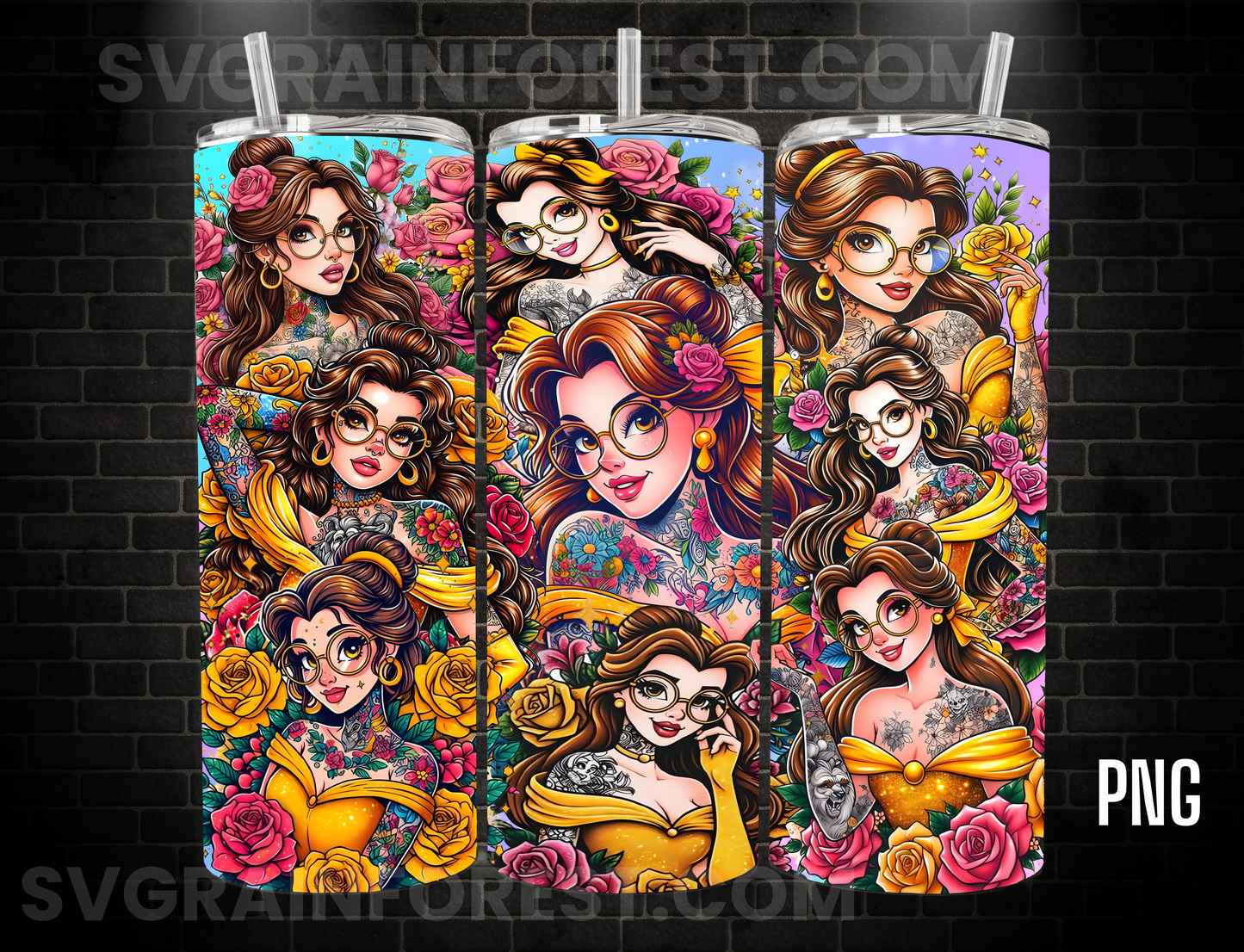 Belle Tattoo Tumbler Wrap PNG, The Beauty and the Beast Tumbler Wrap png, 20oz Skinny Tumbler png, Skinny Tumbler Wrap Design PNG