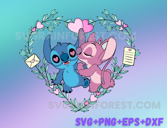 Angel Stitch Kiss Wreath Valentine SVG png, You Are My Valentine Svg, Valentines Day Svg, My Valentine Svg, Stitch Svg, Stitch Love Svg