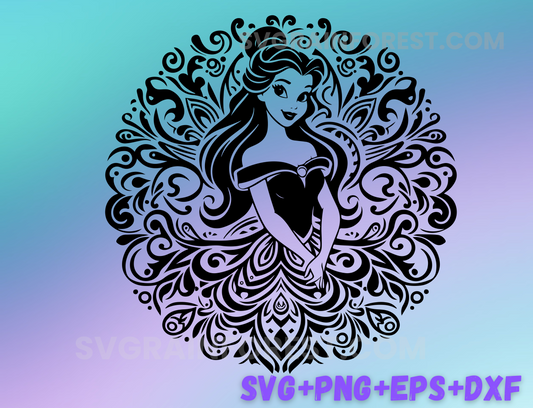 Belle Mandala Princess SVG, Beauty and the Beast Enchanted Stained Glass Princess, Silhouette Cut Files, Png, Printable, Sublimation Design