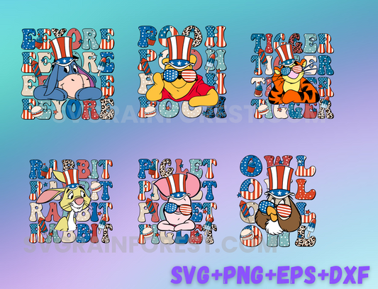 4th July Winnie the Pooh and Friends svg png Bundle, 4th July Fourth of July T Shirt Design, USA sublimation, patriotic svg Png