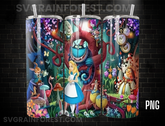 Alice in Wonderland Stained Glass 20oz Skinny Tumbler Template PNG, Mad Hatter Tea Party Skinny Tumbler Wrap Design PNG