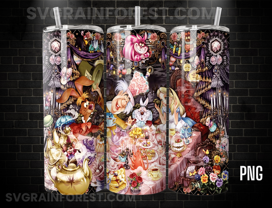 Alice in Wonderland 20oz Skinny Tumbler Template PNG, Mad Hatter Tea Party Skinny Tumbler Wrap Design PNG File Digital Download