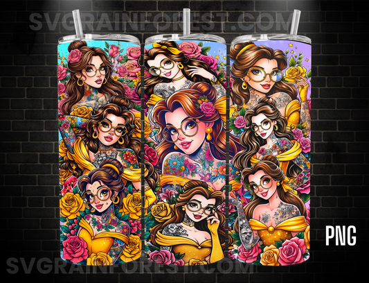Belle Tattoo Tumbler Wrap PNG, The Beauty and the Beast Tumbler Wrap png, 20oz Skinny Tumbler png, Skinny Tumbler Wrap Design PNG